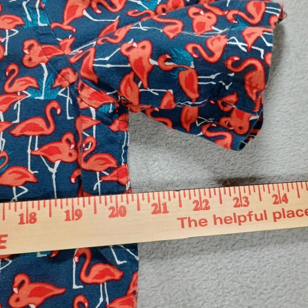 Banana Republic Mens Slim Fit Linen Flamingo Print Navy Blue Medium Short Sleeve